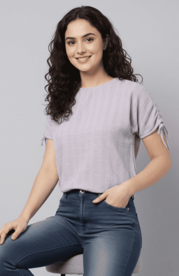 Lavender Pastel Polyester Top with Sleeve Tie Detail