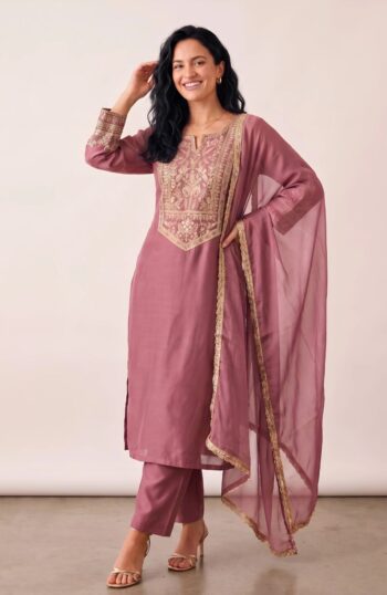 Rust Ethnic Embroidered Kurta Set