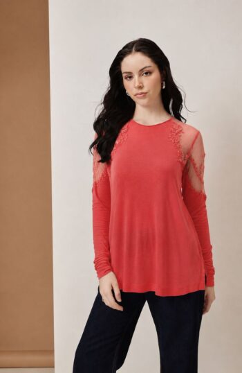 Coral Lace Sleeve Winter Top