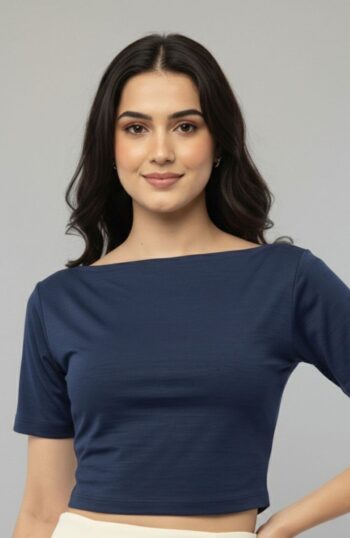 Modern Navy Blue Draped Neck Top