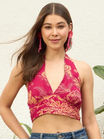 FUCHSIA BEIGE FOIL BEACH WEAR TOP