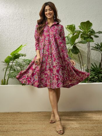 BURGUNDY BIG JAAL PRINT FLARED DRESS