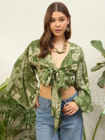 LIGHT GREEN BEIGE FOIL FRONT TIE UP TOP