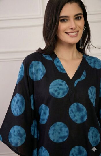 BLACK BLUE ROUND V-NECK LONG DRESS
