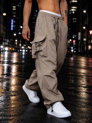 Maniac Men Solid Side Pockets Silver Mink Nylon fabric Baggy fit Cargo Pant
