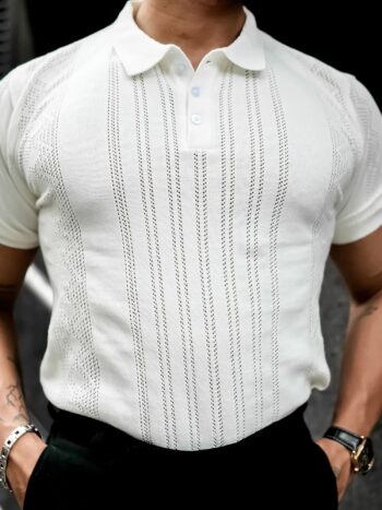 Maniac Men Solid Textured Polo Neck Half Sleeve White Cotton T-Shirt