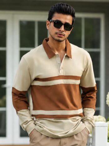 Maniac Men Color Block Polo Neck Full Sleeve Beige and Brown Cotton T-Shirt