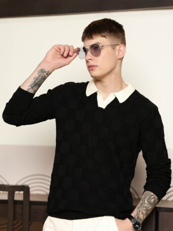 Maniac Men Solid Cubic Textured Knit Full Sleeve Black and Cream Slim Polo T-shirt