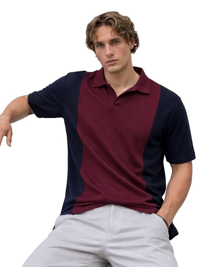Rigo Men Contrast Textured Panel Polo T SHirt
