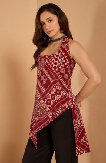 Maroon Tribal Print Neck Tie-Up Top