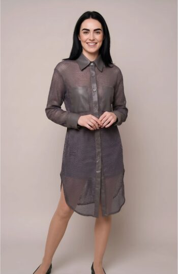 Women’s Sheer Mesh Shirt Dress with Faux Leather Details