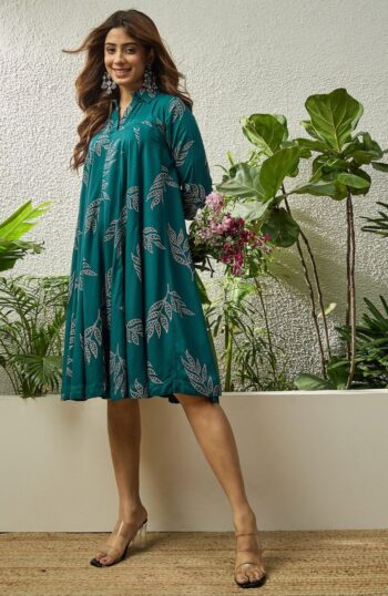 Dark Teal Leaf Print Flared Dress