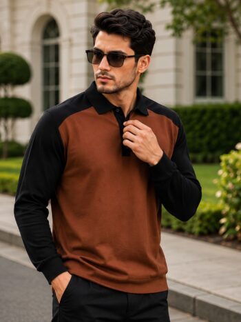 Maniac Men Color Block Polo Neck Full Sleeve Brown and Black Cotton Oversized Tshirt